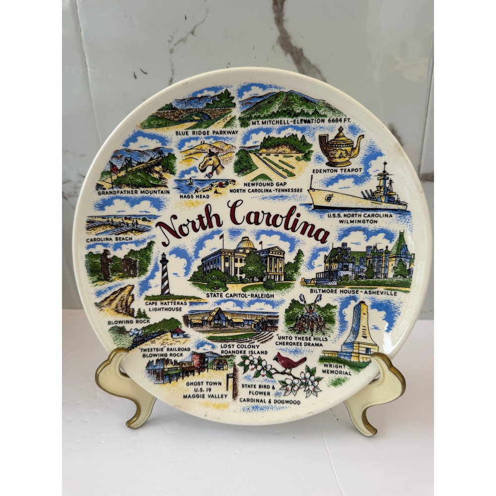 Vintage North Carolina State Souvenir Collector Plate Landmarks 9.25 Inch
